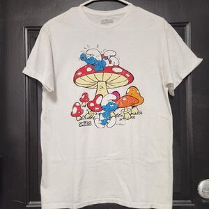 The Smurfs T-Shirt Mushroom Men's White  Medium Tee Peyo Cartoon 100% Cotton